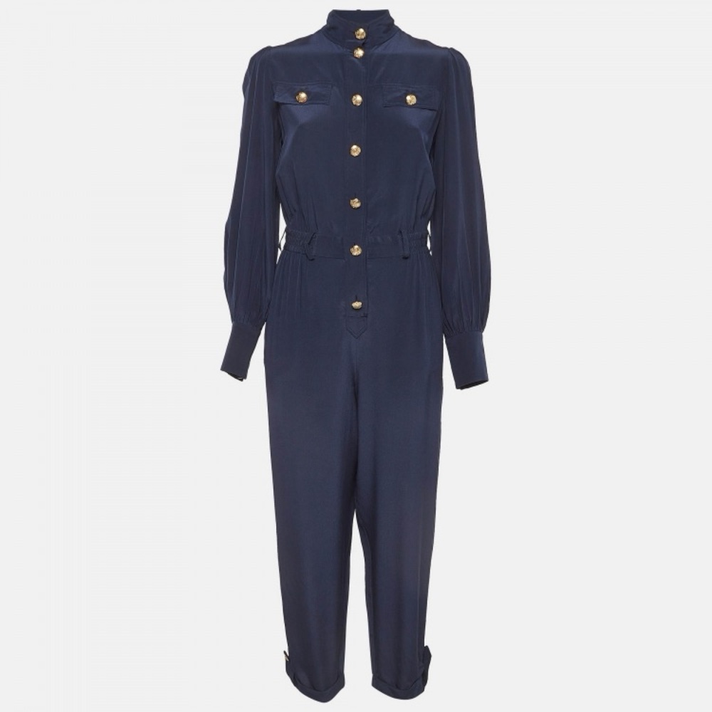 Zimmermann Navy Button-Front Long-Sleeve Silk Jumpsuit